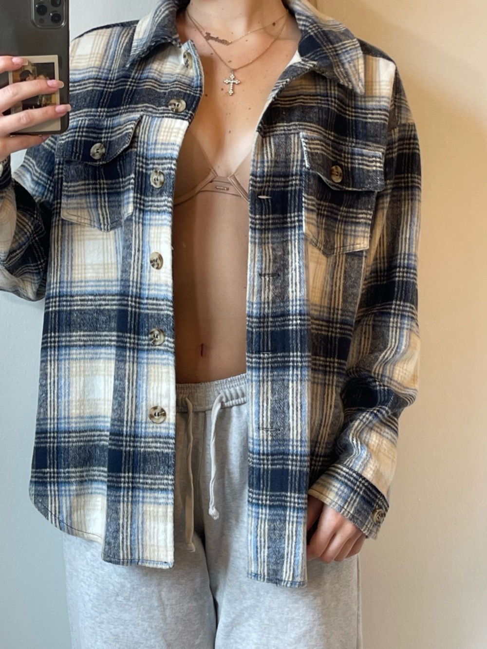 Urban Outfitters Navy and Cream Plaid Button-Up Shacket